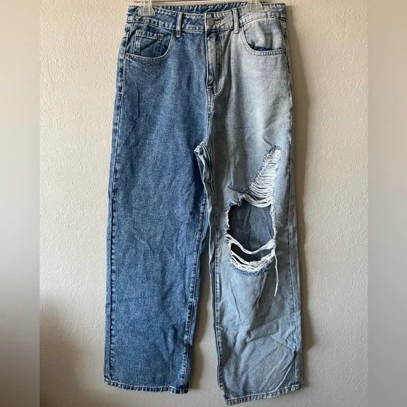 Shein, Women’s Two Tone Blue Distressed Wide Leg Jeans High Rise, Size L - Picture 1 of 7